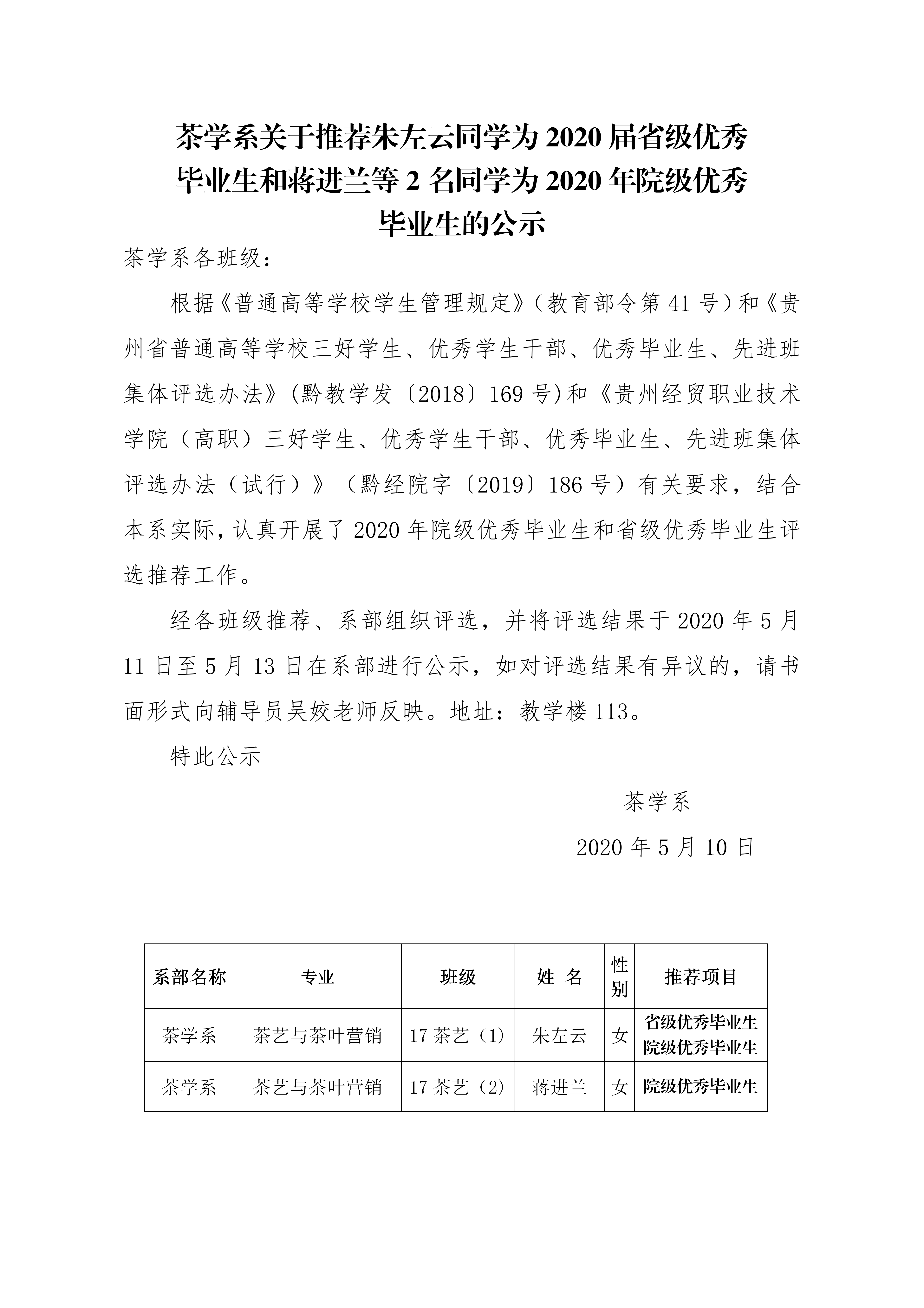 茶学系关于推荐朱左云同学为2020届省级优秀毕业生和蒋进兰等2名同学为2020年院级优秀毕业生的_01.png
